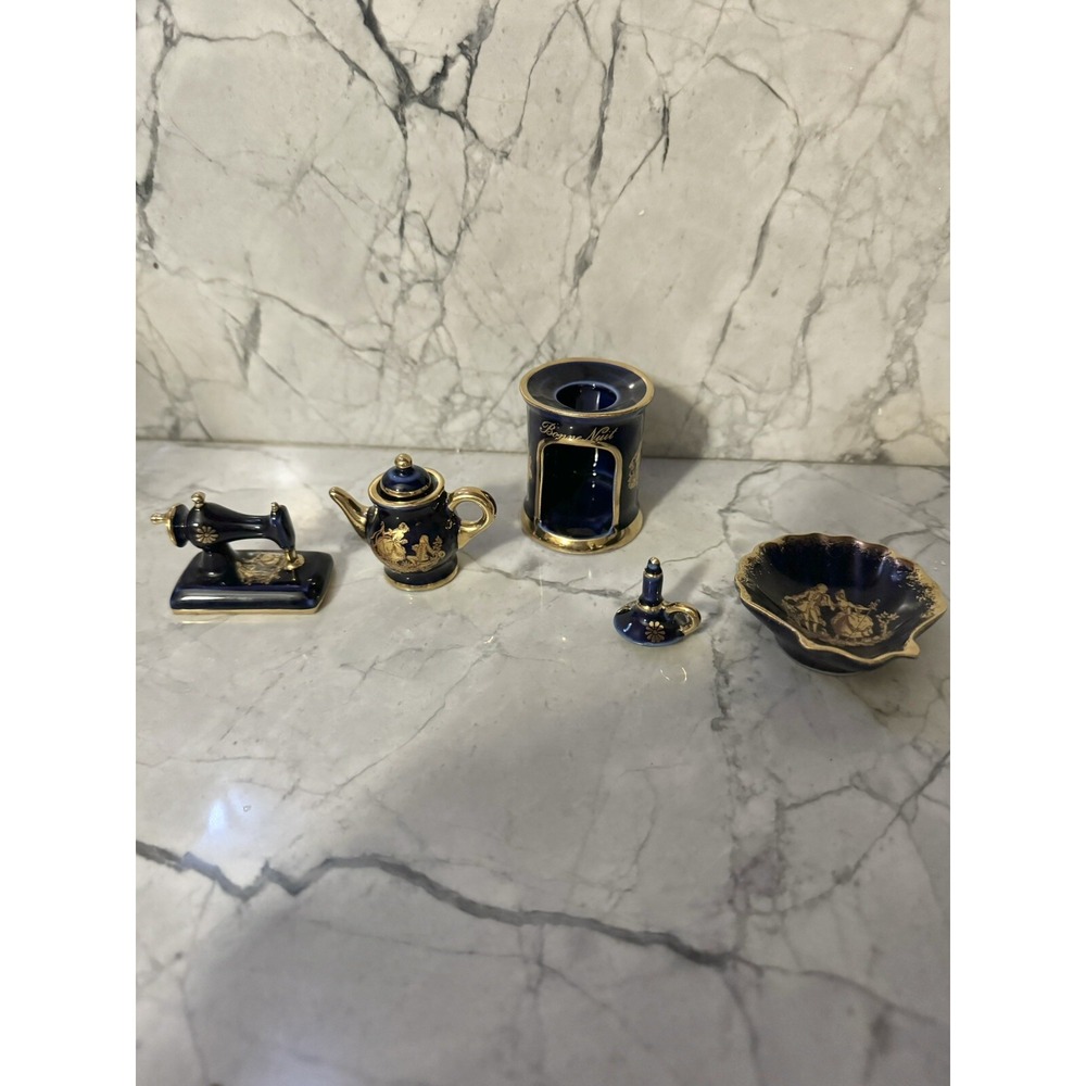 Limoges France Miniature Porcelain Cobalt Blue Gold Lot Sewing Machine Candle